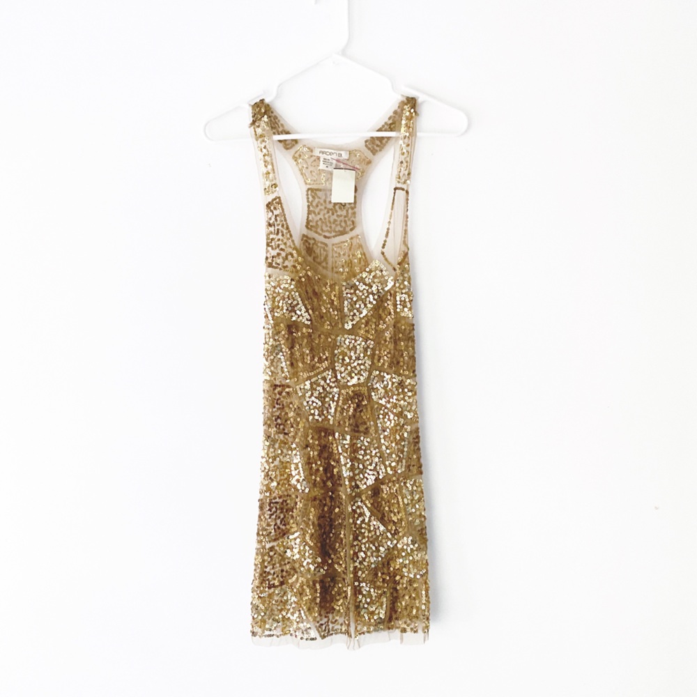 NWT Gold Sequin Sexy Sheer Nude Illusion Mini Dress Arden B Deadstock Y2K Medium